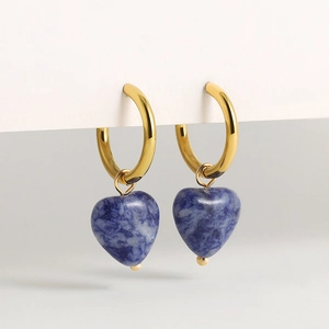 18K gold plated hoop earrings with heart-shaped blue natural stone charms for women