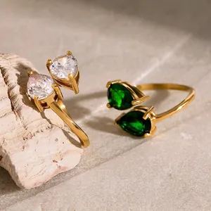 Toi Et Moi Open Ring Stainless Steel Pear Cut Green White Zircon Adjustable Finger Jewelry For Women Trendy