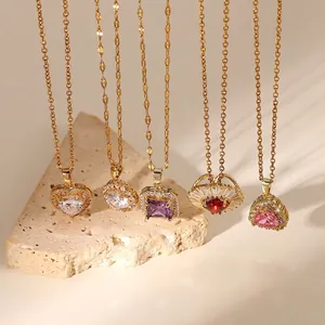 18K Gold Plated Stainless Steel Copper Square Purple Stone Rhinestone Pendant Necklace For Women Fashion Inlaid Jewelry