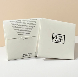 White 8x8cm silver polishing cloth in premium paper packaging with anti-tarnish coating