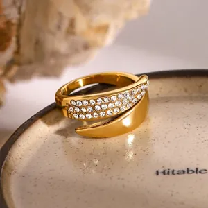 Intertwined Zircon Open Ring Gold Plated Stainless Steel Multi Row Rhinestone Adjustable Fashion Jewelry For Women