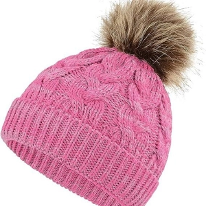 Pink winter cable knit beanie for children with fluffy brown faux fur pom pom