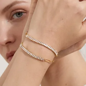 Cubic Zirconia Tennis Bracelet Stainless Steel 18K Gold Plated Rectangular Stone Paperclip Chain Waterproof For Women