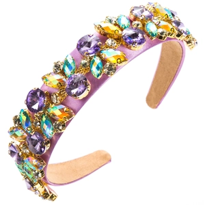 Cerchietto elegante in raso viola con strass colorati scintillanti e catena dorata