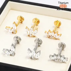 Clou De Piercing Labret Titane G23 F136 Zircon Marquise Filetage Interne Dos Plat Bijoux Cartilage Oreille Forme Éventail