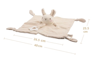 Detailed view of organic cotton baby comforter with bunny head and star teether toy