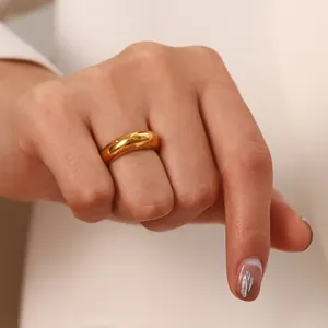 Minimalist Dome Ring 18K Gold Plated Stainless Steel Polished High Shine Plain Band Trendy Statement Jewelry For Women