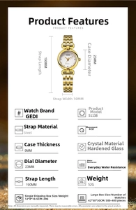 Detailed dimensions of a vintage-style gold quartz watch with steel strap and dial size