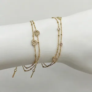 Stainless Steel Double Layer Heart Bracelet Gold Plated Zircon Pendant Adjustable Fashion Jewelry For Women Elegant Accessory