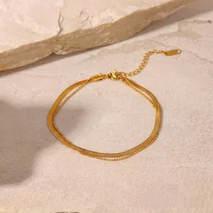 French Minimalist Stainless Steel Double Layer Anklet 18K Gold Plated Snake Bone Chain Bead Chain Fashion Foot Jewelry For Women