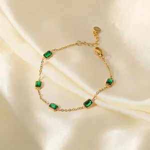 Vintage Stainless Steel Green Rhinestone Bracelet For Women Emerald Cut Rectangular Stone Adjustable Chain Elegant Jewelry