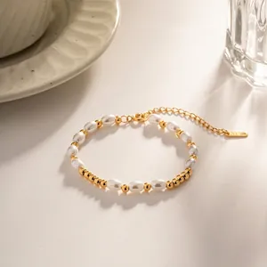 Stainless Steel Bracelet With White Glass Artificial Pearls And 18K Gold Plated Beads For Women Minimalist Elegant Ins Style Jewelry