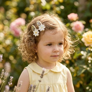 Close-up of cute white daisy hair clips with gold glitter on a girl's blonde hair