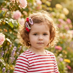 Toddler girl wearing cute red cherry hair clips in a sunny rose garden setting