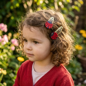 Close-up of cute red ladybug hair clips with sequins on a child's hair in nature