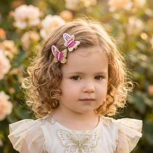 Close-up of pink glitter butterfly hair clips on girl's wavy blonde hair in garden
