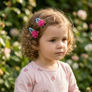 Detail of child wearing two handmade felt rose hair clips with green leaves and blue base