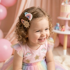 Detail of glitter rainbow and smiling star hair clips on a young girl's head