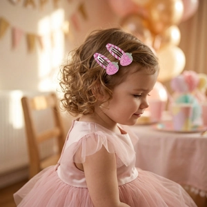Close-up of cute strawberry glitter hair clips worn by a young girl in a pink party dress