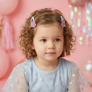 Close-up of heart-shaped glitter hair clips for girls worn in a sweet party setting