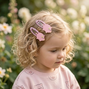 Close-up of a pink piglet cartoon hair clip on girl with matching sweatshirt