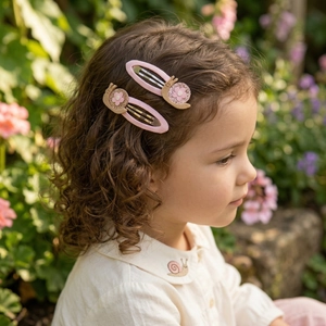 Close-up of a young girl wearing two cute pink snail hair clips with gold sequins