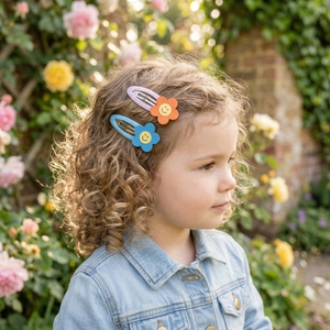 Close-up of cute floral hair clips in orange and blue on a child model's hair