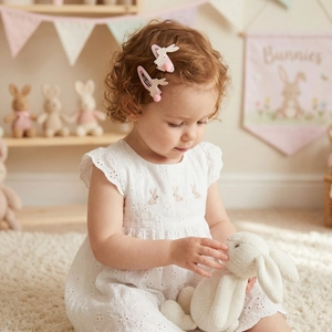 Detail of pink cartoon bunny hair clips with soft pom-poms for girls in a cozy setting