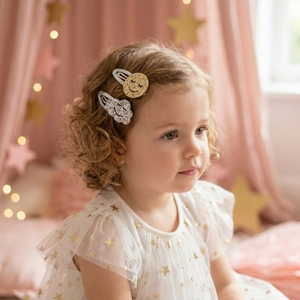 Close-up of cute glittery smiley face hair clips worn by a girl with a pink background