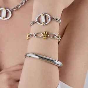 Stainless Steel Bracelet And Bangle Silver Gold Bicolor Cuban Link Industrial Pop Tab Design Jewelry For Women