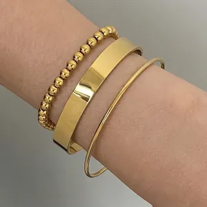 Bracciale E Polsino In Acciaio Inossidabile Placcato Oro 18K Catena Di Perline Largo Liscio Aperto Gioielli Moda Donna