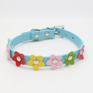 Light blue PU leather dog collar with colorful handmade flowers and metal buckle