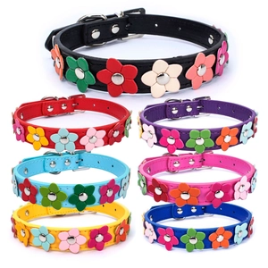 Pet Collar PU Leather Adjustable Colorful Flower Rivet Decoration Neck Strap For Dogs Cats