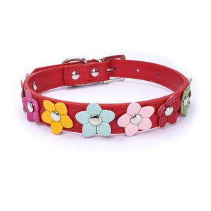 Red PU leather dog collar featuring colorful floral applique and silver metal buckle