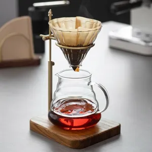 Pour Over Coffee Dripper Stand Solid Wood Base Adjustable Brass Metal Rack Vintage Industrial Style Home Cafe Accessory
