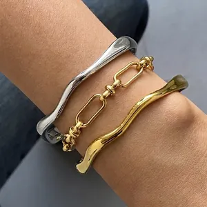 Stainless Steel Wave Open Cuff Bangle Paperclip Link Bracelet 18K Gold Plated Waterproof Hypoallergenic Elegant Jewelry