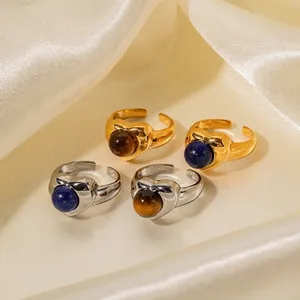 Bague Ouverte en Acier Inoxydable Plaqué Or 18K avec Coeur en Oeil de Tigre et Lapis-lazuli pour Femme Bijoux Réglable