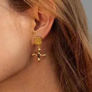 Vintage INS Style 18K Gold Plated Stainless Steel Earrings For Women Fashion Geometric Tiger Eye Stone Cross Pendant Earrings