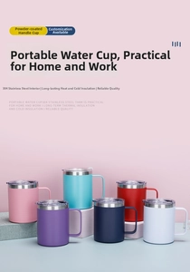 Detail of 12oz stainless steel mug with handle and transparent leakproof lid