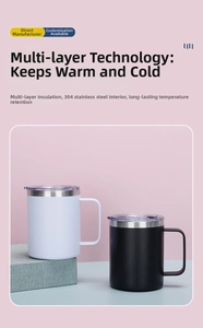 Detail of 304 stainless steel insulated mugs with spill-proof lids and handles