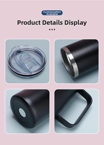 Detail view of 12oz matte black stainless steel mug with clear lid and sturdy handle