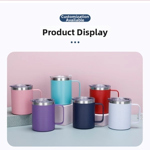 Detailed view of matte stainless steel mugs in various colors with lids and handles