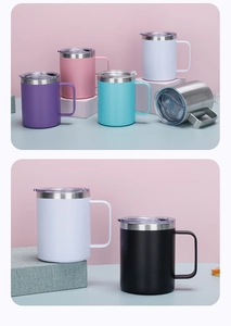 Multiple colors of 12oz stainless steel mugs with handles and clear lids on colorful blocks