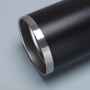12oz black matte stainless steel mug with brushed metal rim and handle detail