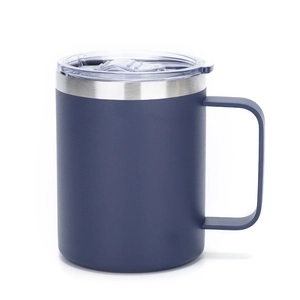 Navy blue matte 12oz stainless steel insulated coffee mug with handle and clear lid