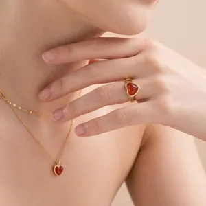 Heart Ring 18K Gold Plated Stainless Steel Red Agate Inlaid Adjustable Open Band Elegant Trendy Jewelry For Women