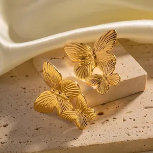 Vintage French Style Stainless Steel Butterfly Stud Earrings For Women Elegant Gold Plated Double Butterfly Jewelry Gift