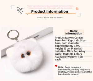 Detailed size parameters of 8cm white faux fur cat ear keychain with alloy ring