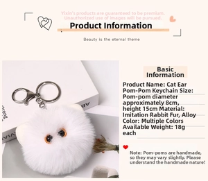 Detail view of 8cm white faux fur cat ear keychain with metal alloy ring specifications