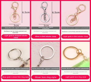 Detail of 6.5cm metal keychain hardware kits in gold, silver and rose gold finishes